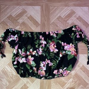 off the shoulder, cropped floral print shirt